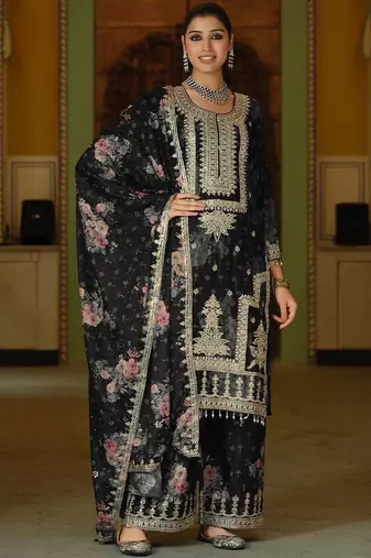 Women Floral Printed Regular Thread Work Kurta with Palazzos & With Dupatta