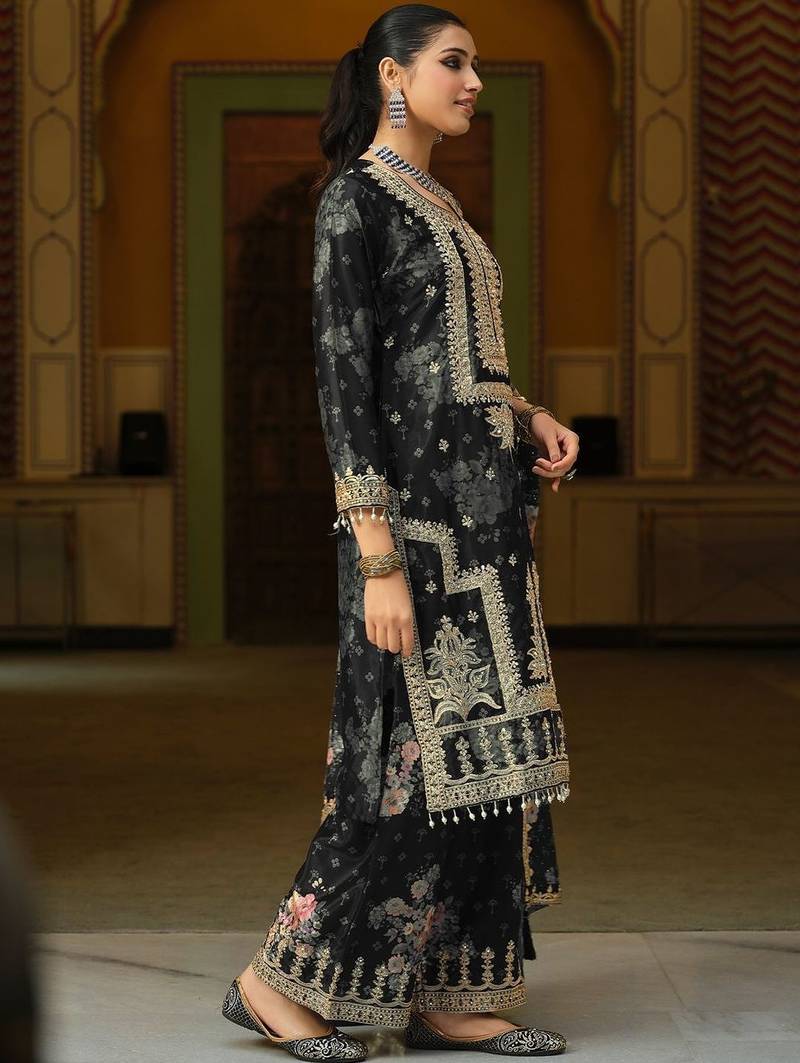 Women Floral Printed Regular Thread Work Kurta with Palazzos & With Dupatta