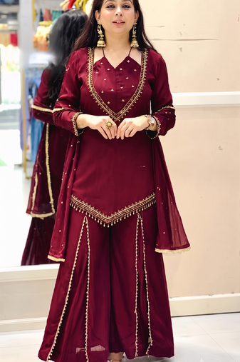 Women maroon silk blend  kurti palazzo dupatta set