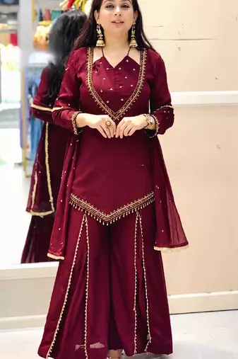 Women maroon silk blend  kurti palazzo dupatta set
