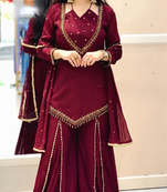 Women maroon silk blend  kurti palazzo dupatta set