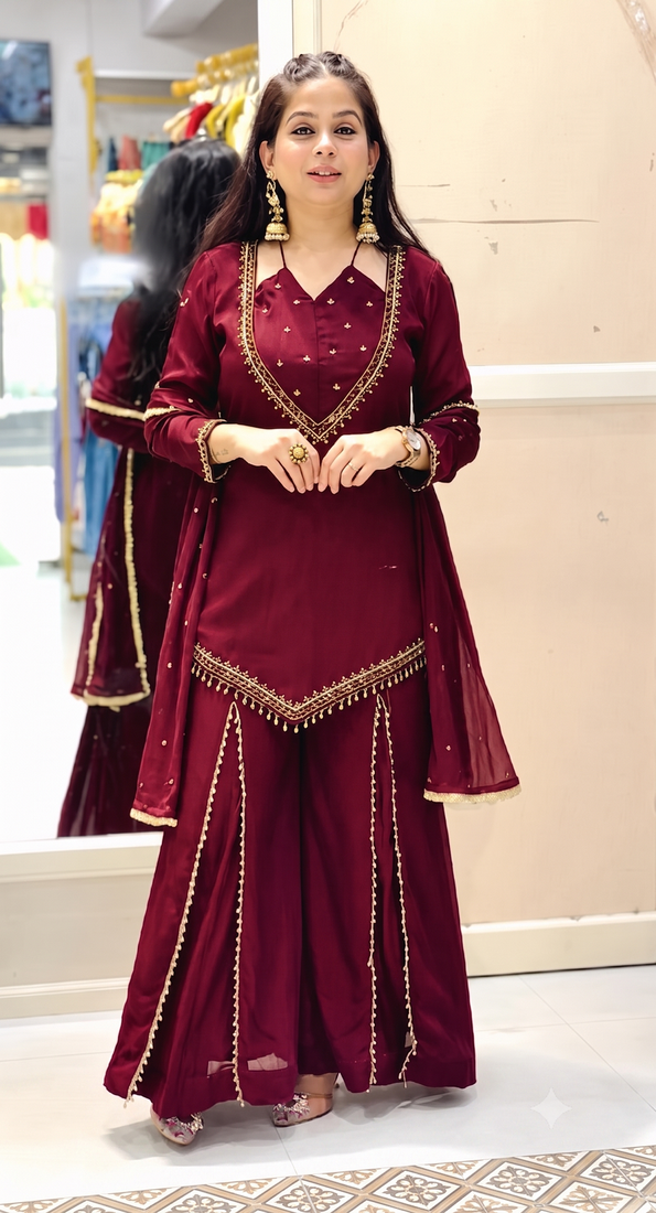 Women maroon silk blend  kurti palazzo dupatta set