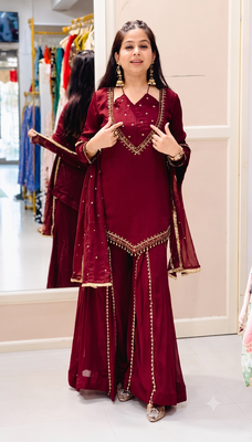 Women maroon silk blend  kurti palazzo dupatta set 3