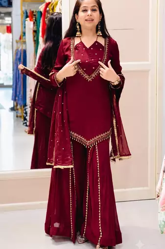 Women maroon silk blend  kurti palazzo dupatta set