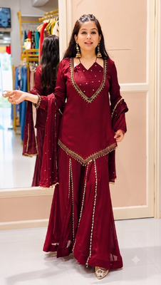 Women maroon silk blend  kurti palazzo dupatta set 4
