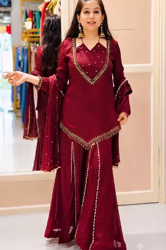 Women maroon silk blend  kurti palazzo dupatta set