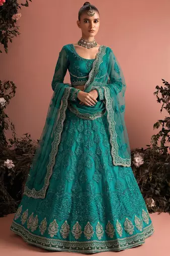 Teal Green Butterfly Net Heavy Embroidery With Stone Work