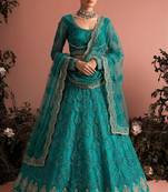 Teal Green Butterfly Net Heavy Embroidery With Stone Work