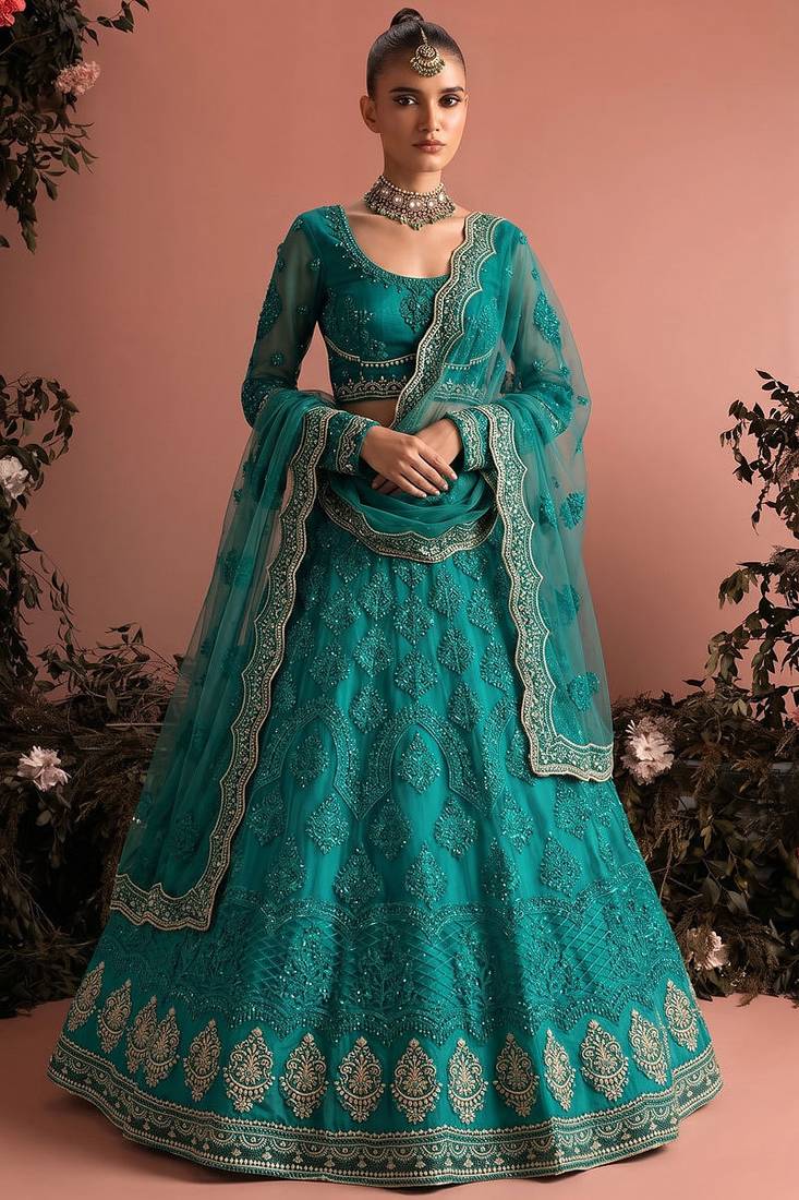 Teal Green Butterfly Net Heavy Embroidery With Stone Work