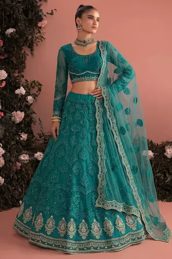 Teal Green Butterfly Net Heavy Embroidery With Stone Work