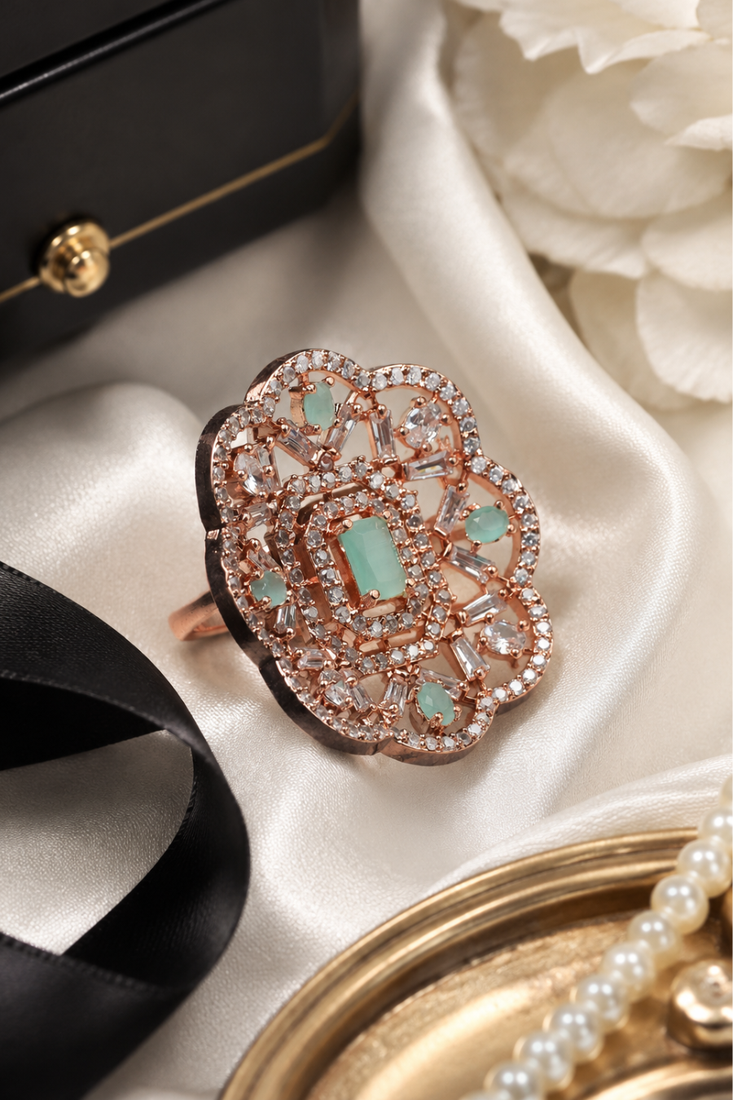 Rose gold finish mint cz stone adjustable ring