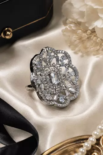 Rhodium finish cz stone adjustable ring