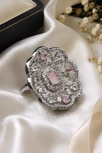 Rhodium finish pink cz stone adjustable ring
