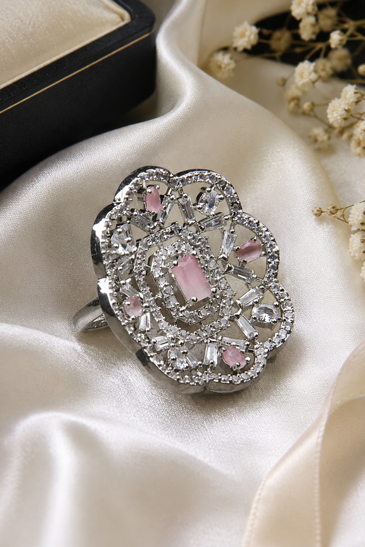 Rhodium finish pink cz stone adjustable ring