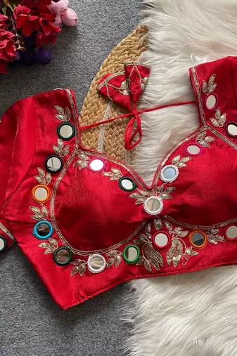 Red navratri multi mirror work mumtaz cut milan silk blend blouse