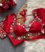 Red navratri multi mirror work mumtaz cut milan silk blend blouse