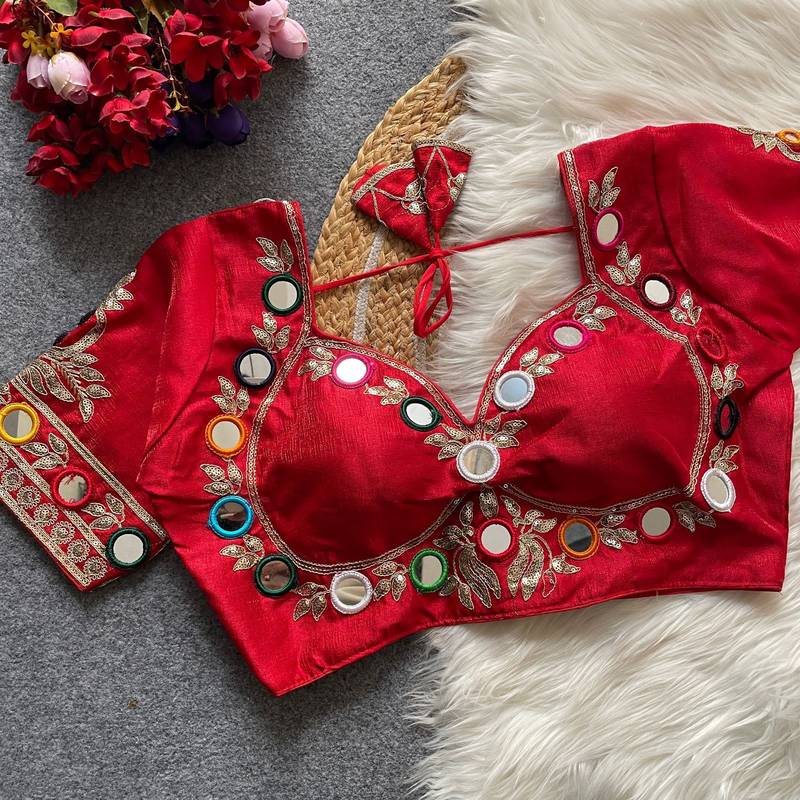 Red navratri multi mirror work mumtaz cut milan silk blend blouse