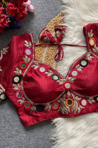 Wine navratri multi mirror work mumtaz cut milan silk blend blouse