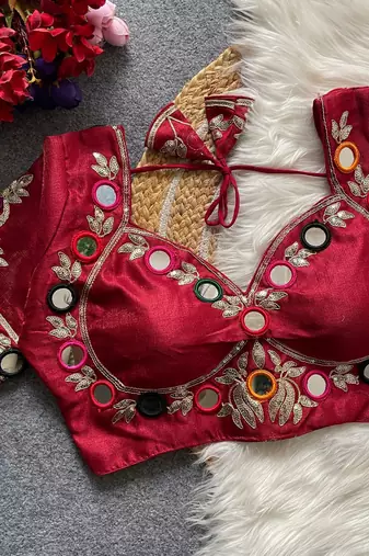 Wine navratri multi mirror work mumtaz cut milan silk blend blouse