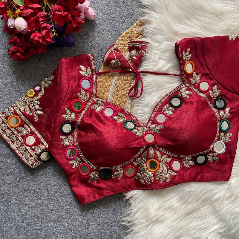Wine navratri multi mirror work mumtaz cut milan silk blend blouse