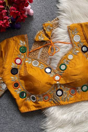 Yellow navratri multi mirror work mumtaz cut milan silk blend blouse