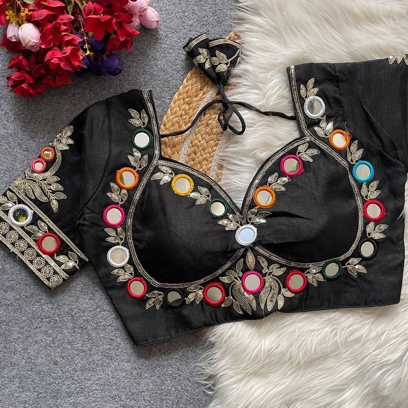Black navratri multi mirror work mumtaz cut milan silk blend blouse