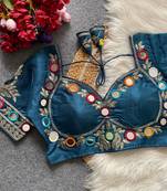 Teal navratri multi mirror work mumtaz cut milan silk blend blouse