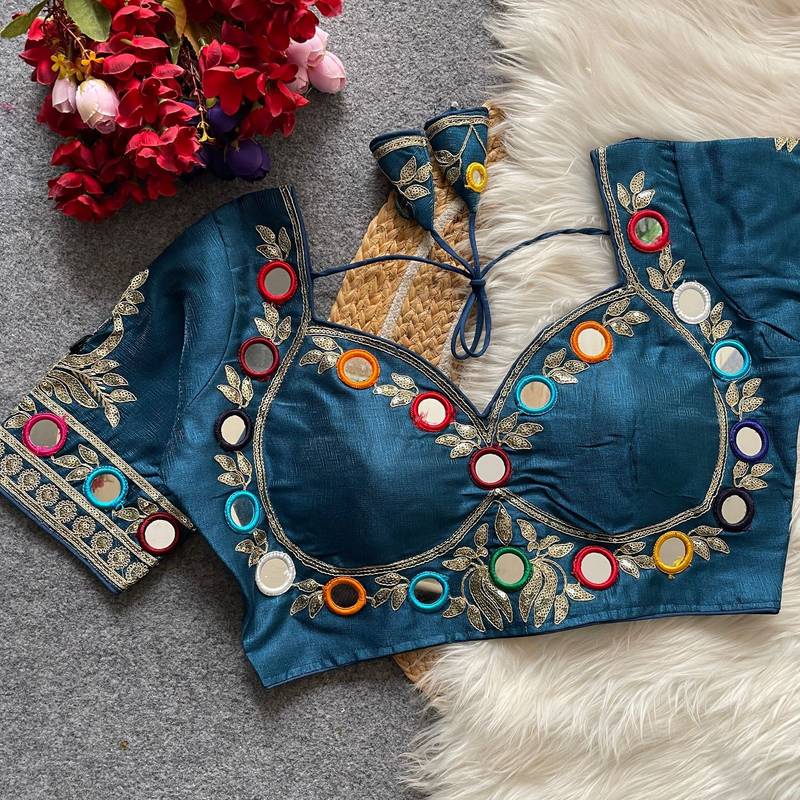 Teal navratri multi mirror work mumtaz cut milan silk blend blouse