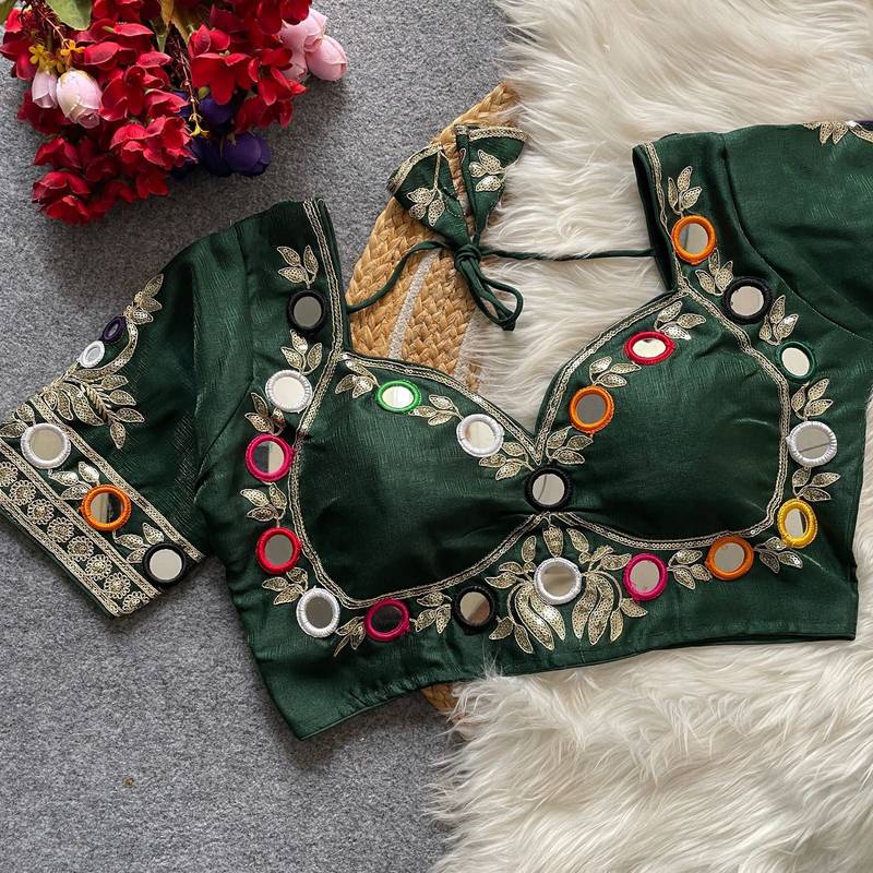 Green navratri multi mirror work mumtaz cut milan silk blend blouse