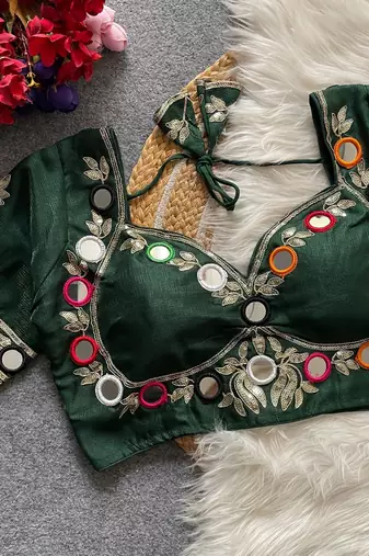 Green navratri multi mirror work mumtaz cut milan silk blend blouse