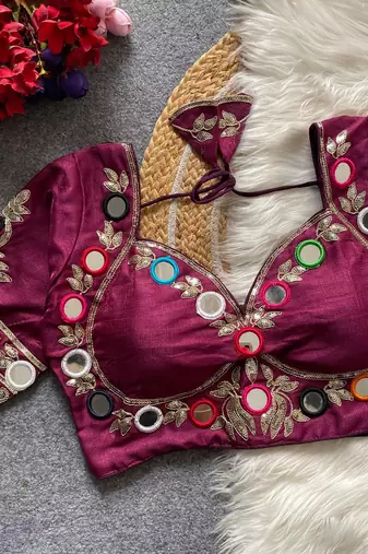 Plum navratri multi mirror work mumtaz cut milan silk blend blouse