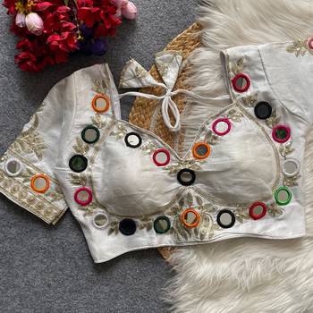 White navratri multi mirror work mumtaz cut milan silk blend blouse 1