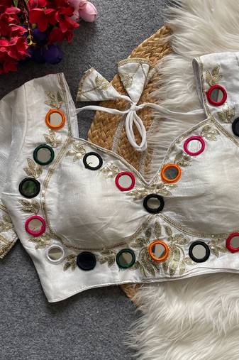 White navratri multi mirror work mumtaz cut milan silk blend blouse