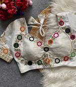 White navratri multi mirror work mumtaz cut milan silk blend blouse