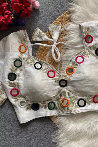 White navratri multi mirror work mumtaz cut milan silk blend blouse