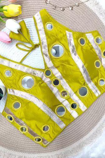 Lemon navratri mirror work rayon silk blouse