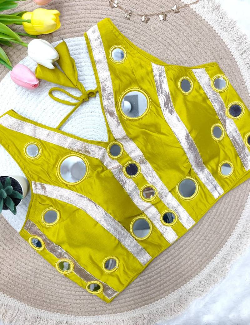 Lemon navratri mirror work rayon silk blouse
