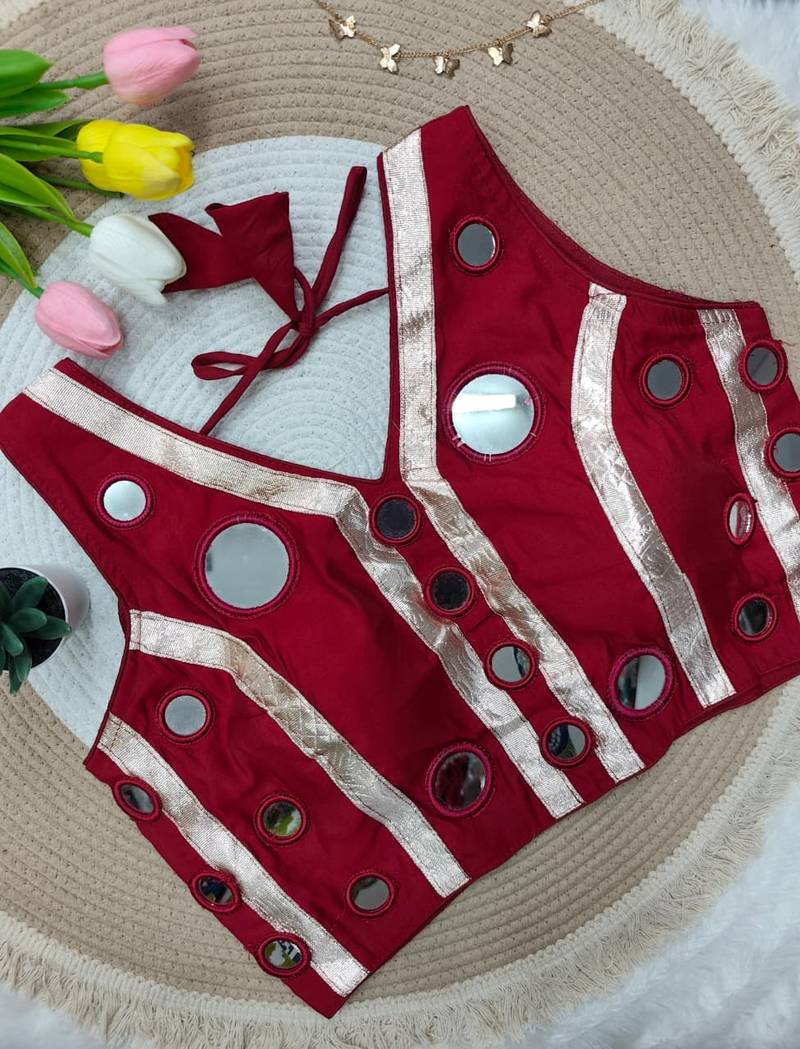 Maroon navratri mirror work rayon silk blouse