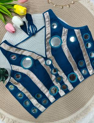 Blue navratri mirror work rayon silk blouse 1