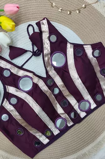 Wine navratri mirror work rayon silk blouse