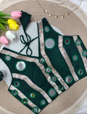 Green navratri mirror work rayon silk blouse 1