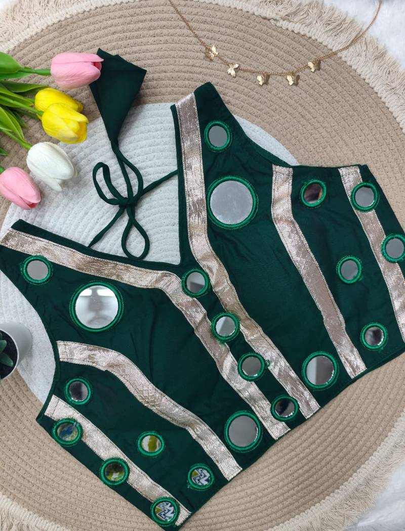 Green navratri mirror work rayon silk blouse