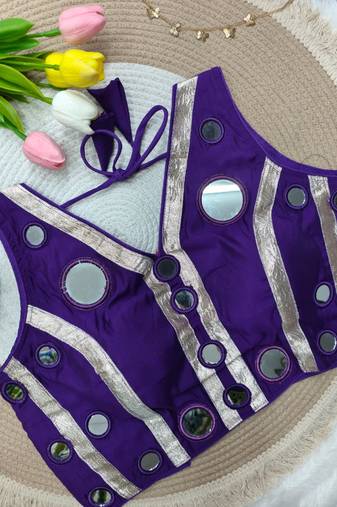 Purple navratri mirror work rayon silk blouse