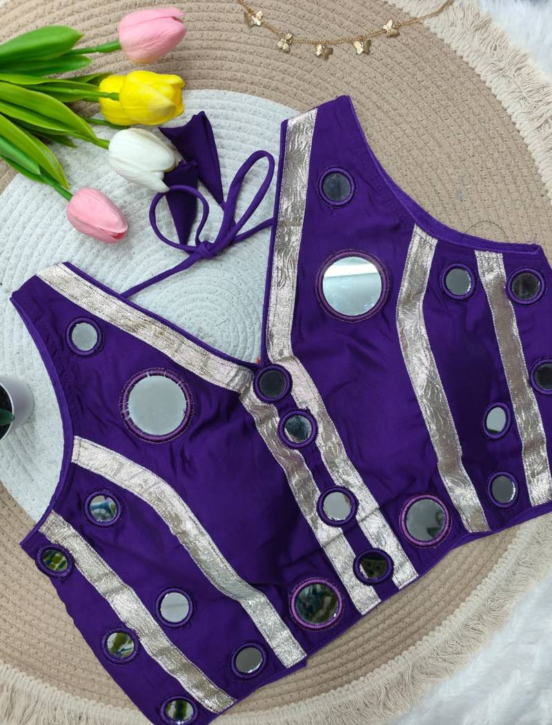 Purple navratri mirror work rayon silk blouse