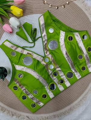 Parrot green navratri mirror work rayon silk blouse 2