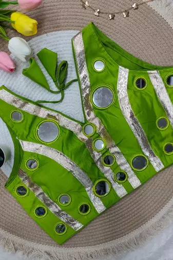 Parrot green navratri mirror work rayon silk blouse