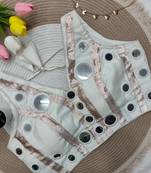 White navratri mirror work rayon silk blouse