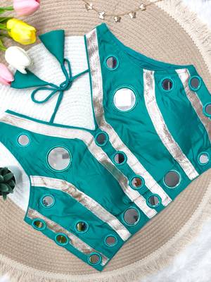 Teal blue navratri mirror work rayon silk blouse 1