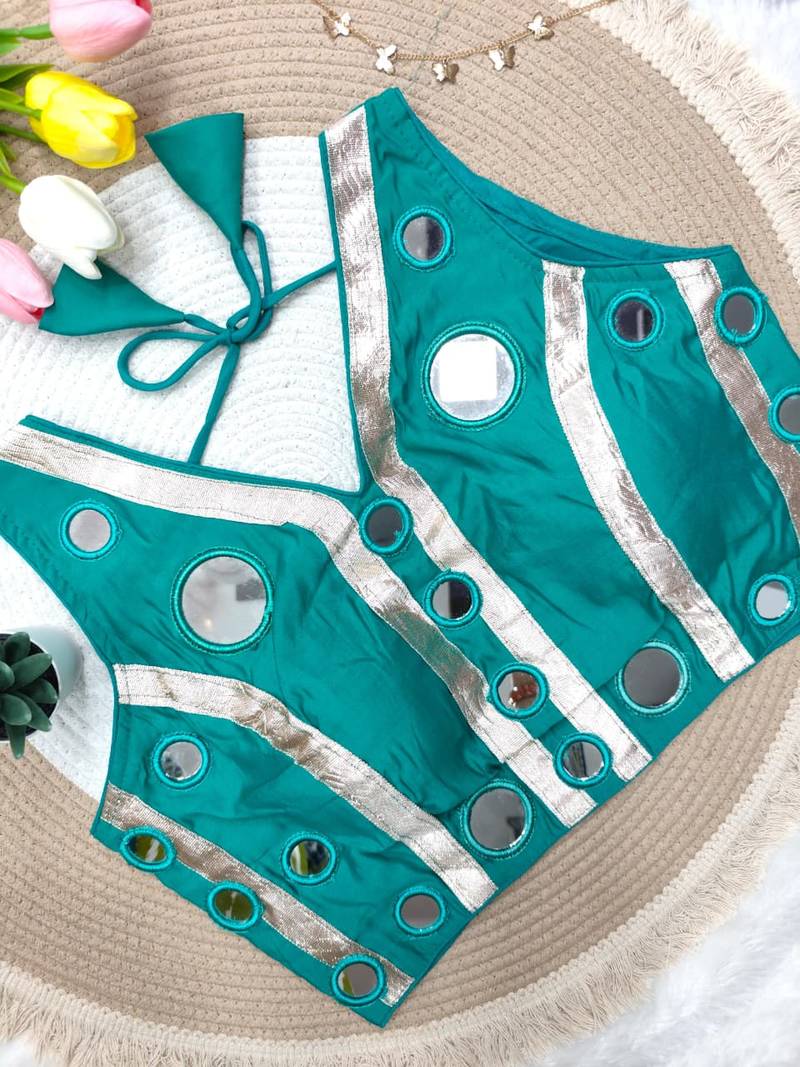 Teal blue navratri mirror work rayon silk blouse