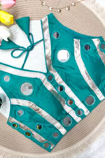 Teal blue navratri mirror work rayon silk blouse